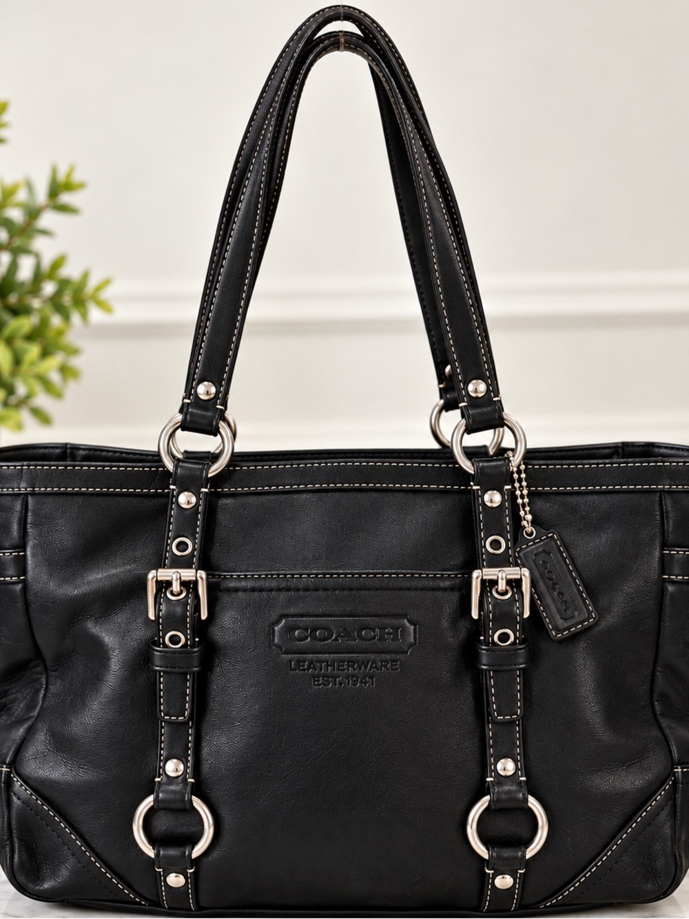 Authentic Vintage Coach Black Leather Shoulder Tote with Double Straps